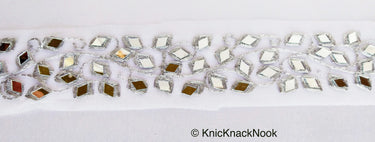 White Net Fabric Lace Trim With Silver Embroidery And Mirror Embellishments, Wedding Trims, Indian - 210119L458